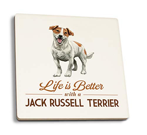 Jack Russell Terrier Life is Better White Background (Absorbent Ceramic Coasters Set of 4 Matching Images Cork Back Kitchen Table Decor)