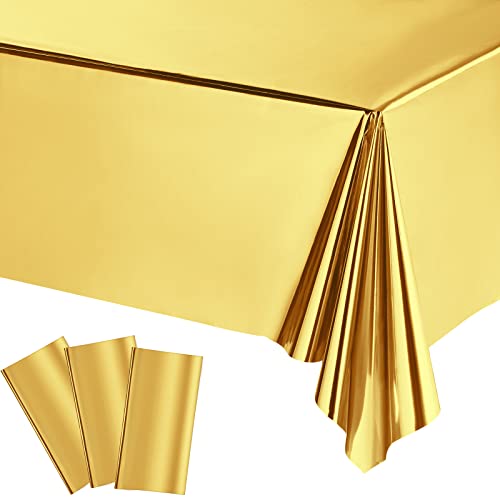 3 Pieces Foil Party Rectangular Table Covers Table Cloth 54 x 108 Inch Shiny Plastic Waterproof Tablecloth Party Table Cover for Wedding Anniversary Engagement Party (Gold)
