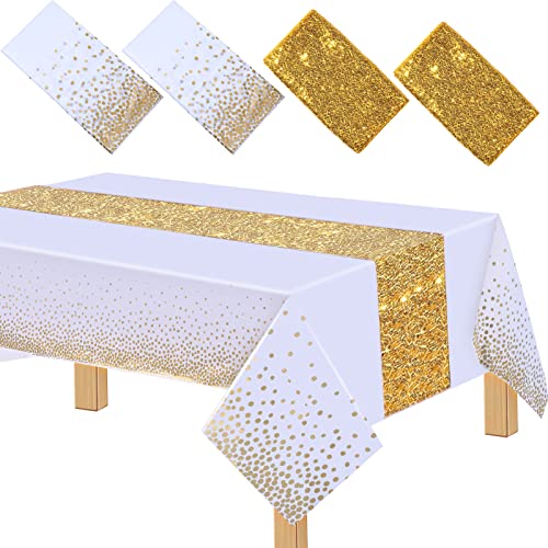4 Pcs Disposable Plastic Tablecloths Set 12 x 108 Inch Glitter Sequin Table Runner 54 x 108 Inch Rectangle Disposable Tablecloth with Gold Dot Table Cloth (Gold White Gold4 Pieces)