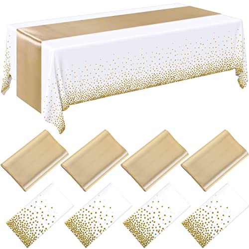 8 Pack Disposable Plastic Tablecloths and Satin Table Runner 54 x 108 Inch Table Cloths for Parties Tablecloth 12 x 108 Inch Table Runners for Wedding Birthday Bbay Shower (Gold)