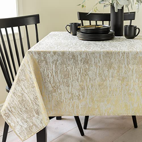 Benson Mills Metals Metallic Foil Printed Fabric Tablecloth for Christmas Holiday and Winter (60 x 120 Rectangular IvoryGold)