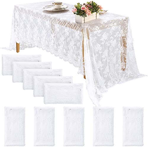 10 Pcs White Lace Tablecloth Rectangular 60 x 120 Inch Wedding Rustic Tablecloth Overlay Rose Vintage Embroidered Wedding Reception Party Table Decorations for Baby Bridal Shower Tea Party Table Cover