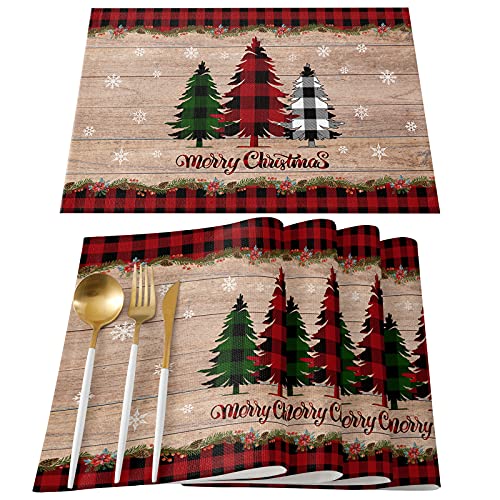 Artwork Store Merry Christmas Placemats Set of 6Cotton Linen Table Mats NonSlip Washable Buffalo Plaid Farm Xmas Tree Snowflake Pine Tree Placemat for Holiday Party Dining Kitchen Table Decor