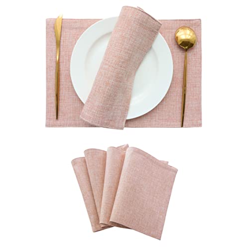 Demetex Table Placemats Set of 4 Heat Resistant Linen Placemats Farmhouse Wipeable Cloth Place Mats for Dining Indoor Restaurants 13 x 19 inches Pink