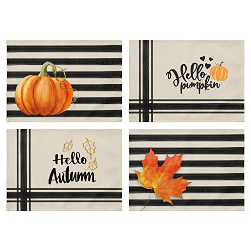 Fall Placemats Set of 4 Pumpkin Stripe Place Mats Washable Linen Autumn Maple Leaves Placemat for Kitchen Dining Table Holiday Party Home Decor 18x12 Inch