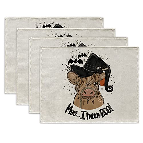 Halloween Placemats Bat Cow Moo I Mean Boo Linen Dining Seasonal Holiday Table Place Mats 12 x 16 Inch Holiday Home Kitchen Decor Set of 4