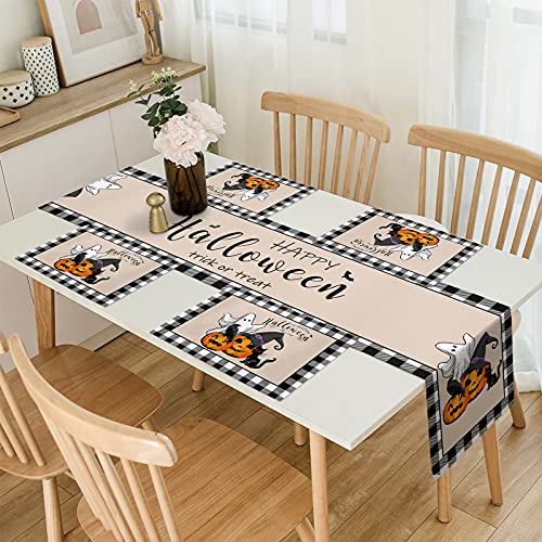 Halloween Table Runner with Placemats Set of 6  Halloween Pumpkin Cat Ghost Black Buffalo Check 13 x 90 Inch Table Runner Set Cotton Linen Table Mats for Dining Table Kitchen Decoration
