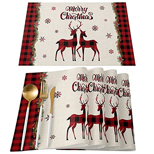 Merry Christmas Washable Cotton Linen Placemats for Dining Table Set of 4Merry Christmas Reindeers Elk Snowflakes NonSlip Heat Resistant Kitchen Table Mats Farmhouse Buffalo Plaid Placemats