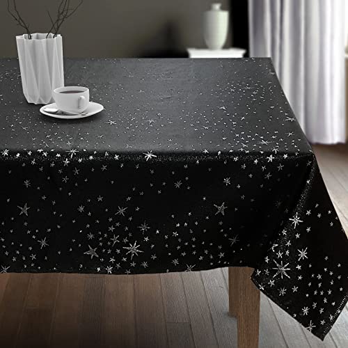 CAIT CHAPMAN HOME COLLECTION Shimmer Twinkling Stars Black Silver Metallic Woven Tablecloth (60 x 102 Rectangle)