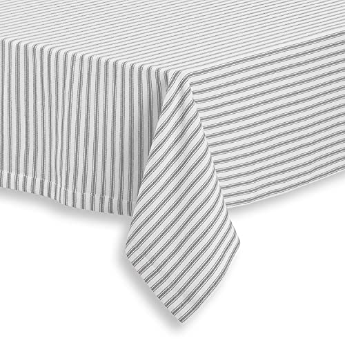 Cackleberry Home Alloy Gray and White Ticking Stripe Fabric Tablecloth Woven Cotton 60 x 84 Rectangular