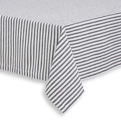 Cackleberry Home Black and White Ticking Stripe Woven Cotton Fabric Tablecloth 60 x 84 Rectangular