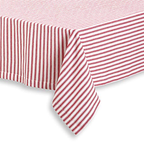 Cackleberry Home Red and White Ticking Stripe Woven Cotton Fabric Tablecloth 60 Round