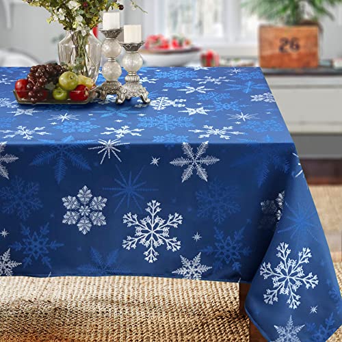 Holiday Blue Snowflakes Metallic Jacquard Woven Tablecloth (70 x 108 Rectangle)