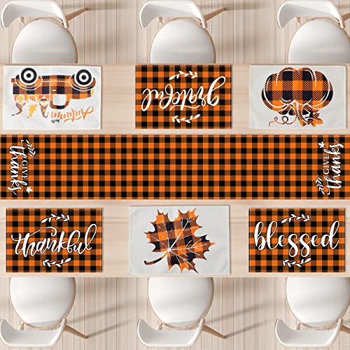 7 Pack Fall Table Runner Placemats Thanksgiving Table Runner Orange Black Buffalo Plaid Thanksgiving Decorations for Dining Table Fall Table Decor Thanksgiving Fall Farmhouse Holiday Table Mat Set