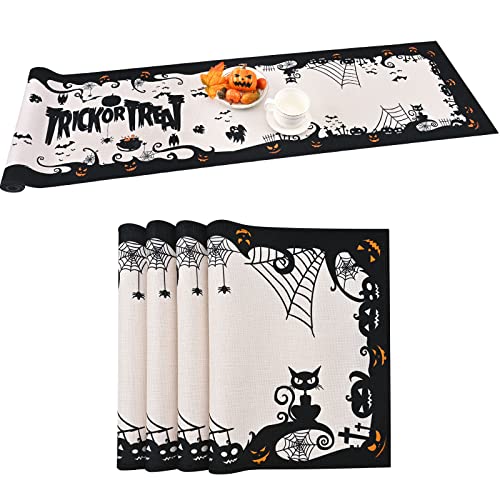 ASPMIZ Halloween Table Runner with Placemats Set Spooky Ghost Pumpkin Table Runner with 4 Placemats Heat Resistant Bat Cat Table Runner and Mats for Halloween Decor and Dinner Party14 x 72 Inch