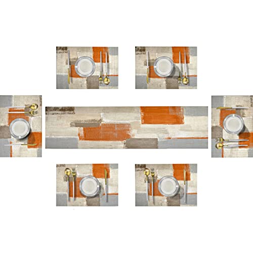 Emvency Farmhouse Table Runner and Placemats Set of 6 CottonLinen Modern Orange and White Painting Art Dining Table Decor for Daily Use(1 Table Runner 72inches Long and 6 Placemats)