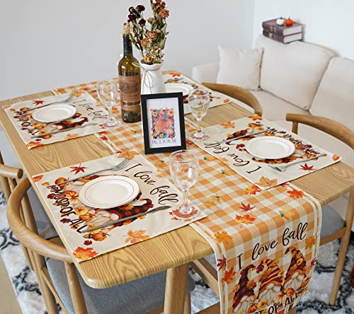 Fall Table Runner and Placemats Set of 5 Gnomes Pumpkins Thanksgiving Maple Leaves Autumn Buffalo Plaid 13 x 72 Inch  12 x 16 Inch Placemats Holiday Dining Kitchen Party Decoration
