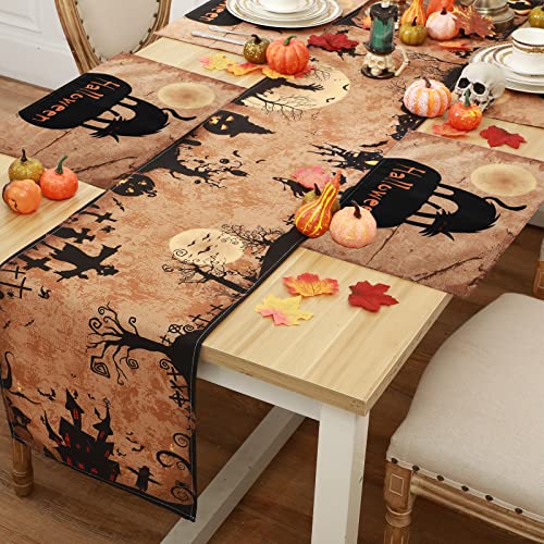 Halloween Table Runner with 4 Set Placemats 13 x 72 Inch Scary Table Runner Set Black Cat Witch Ghost Pumpkin Halloween Table Decor for Scary Movie Nights Halloween Dinner Party Home Decorations