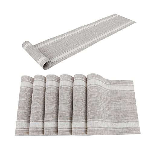Karlesi Placemats Set of 6 and Table Runner SetWashable Easy Clean PVC Heat Resistant Farmhouse Modern for Various Tables Decorate in Kitchen Dinner Restaurant(White)