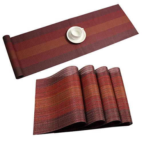 Pauwer Placemats with Table Runner Set Heat Resistant Washable Woven Vinyl Placemats Set of 6 and Runners for Dining Table Wipe Clean