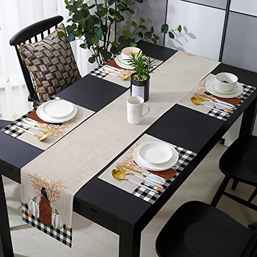Placemats Set of 6 and Table Runner 90 inches Long for Dinning Table Fall Thanksgiving Pumpkin Raven Black and White Buffalo Plaid Table Mats Washable Placemat for Kitchen Table Runner Set for Party