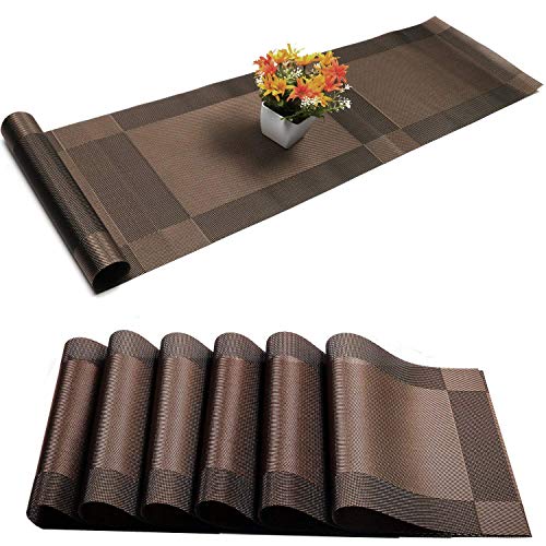 Placemats with Table Runner Sets Place Mats Woven Crossweave Placemat Vinyl Kitchen Tablemat Washable PVC Table Mats for Dining Table Parties Farmhouse Thanksgiving Christmas  Gathering (Brown)