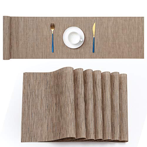 SENDAY Placemats Set of 6 and Table Runner Set Washable Easy Clean PVC Heat Resistant Farmhouse Modern for Various Tables Decorate in Kitchen Dinner Restaurant