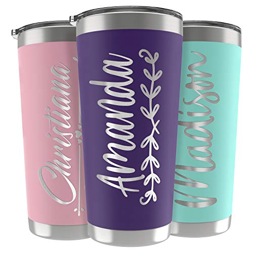 Personalized Gifts For Women  20 Oz Custom Tumblers w Lid Purple  Insulated Travel Coffee Mugs  Optional Straw Set Stainless Steel Double Wall Coffee Tumbler Personalized Cups