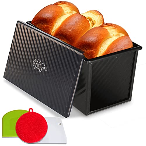 HiliStar Pullman Loaf Pan Set  with Lid Cover Dough Scraper Cutter Rubber Sponge  Aluminum Loaf Pan with Lid Nonstick Bread Mold Pan Black Baking Box  Toast Bread Bakeware  83x47x44