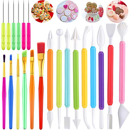 21 Pieces Cookie Decorating Tools Set Include Cake Decoration Brushes Sugar Stir Needle Cookie Scriber Needles and Fondant Cake Decorating Sculpting Modeling Tools for Cookie Cake Fondant Decoration