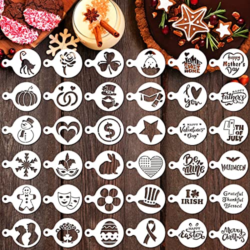 36 Pieces Seasonal Cookie Stencils Set Dessert Cake Stencils Reusable Baking Stencils DIY Coffee Drawing Templates Stencils for Cupcake Decorating Baking Painting Tools for Holiday Valentines Day
