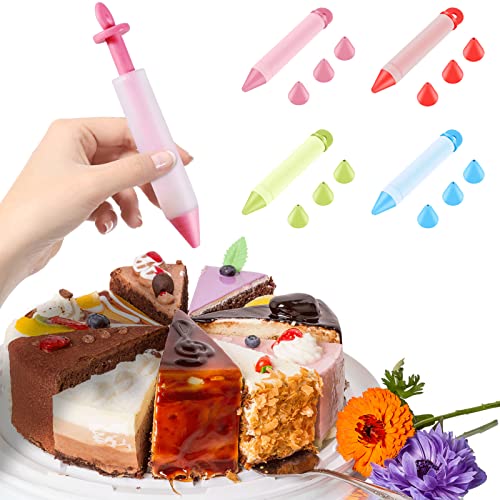 4 Pcs Cake Decorating PenZiermo Silicone Food Writing Pen Cookie Candy Chocolate Pen Icing Pens Kit with 4 Patterns of Icing Piping Pen Tips DIY Cookie Decorating Tools for Kitchen