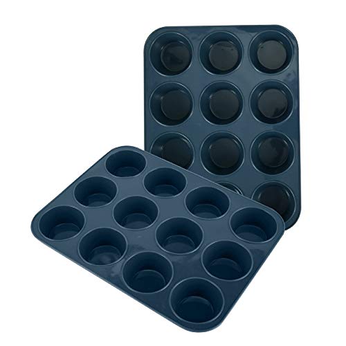 2 Pack Silicone Muffin Baking Pan  Cupcake Tray 12 Cup  Nonstick Cake Molds Tin Silicon Bakeware BPA Free Dishwasher  Microwave Safe by Vnray (12 Cup Size Grey)