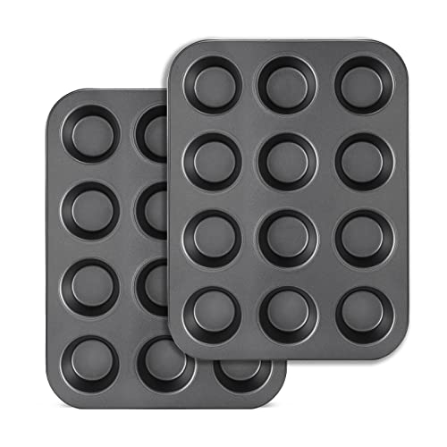 HONGBAKE Muffin Pan for Baking Nonstick Cupcake Tin 12 Cup Regular Size 2 Pack Cup Cake Tray Premium  Dishwasher Safe  Dark Grey