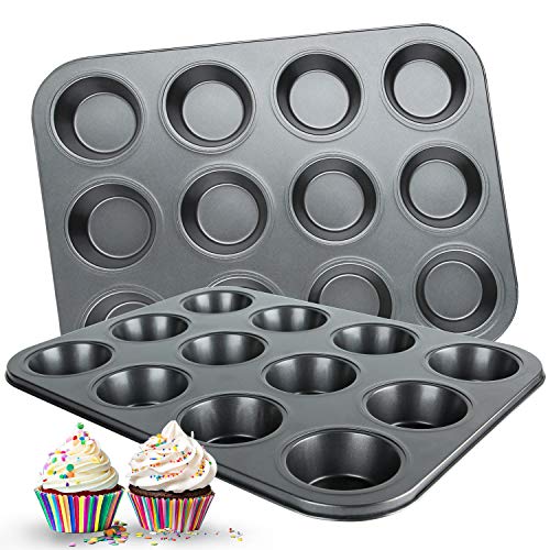Muffin Pan 12 Cupcake Pan 2 Sets of Nonstick Brownie Bakeware Muffin Tin Cupcake Tray Baking Pan for Kitchen Oven Black