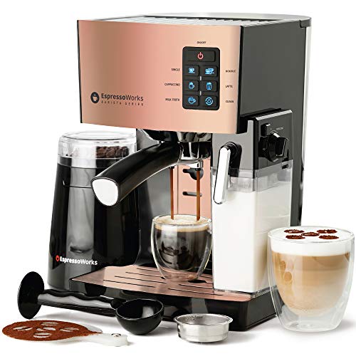 Espresso  Cappuccino Maker 19 Bar Pump  10 Pc AllInOne Espresso Maker  Milk Steamer Inc Bean Grinder 2 Cappuccino  2 Espresso Cups Tamper Single and Double Shot Filter Baskets 1250W (Rose Gold)