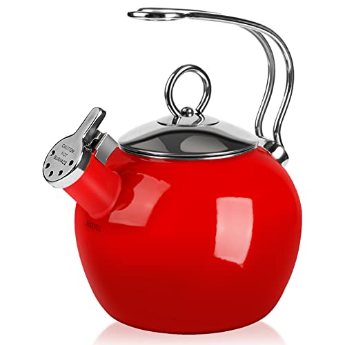 AIDEA Tea Kettle 17 Quart Whistling Enamel Stainless Steel Teakettle Tea Pot for Stovetop (Red)