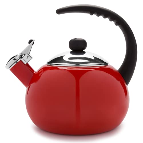 Farberware Luna Water Kettle Whistling Tea Pot Works For All Stovetops Food Grade Stainless Steel BPAFree RustProof Stay Cool Handle 25qt (10 Cups) Capacity (Red)