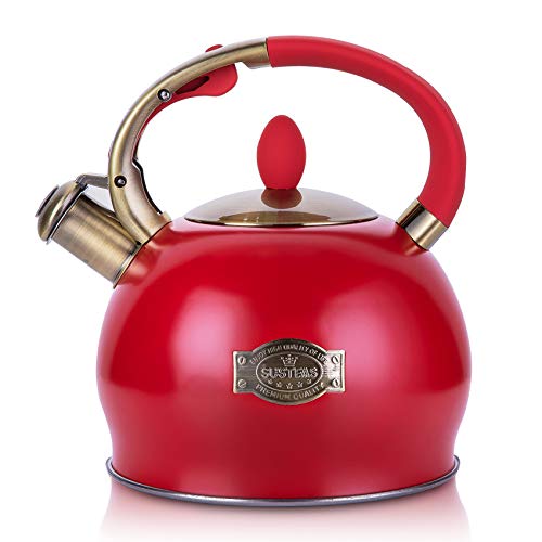 SUSTEAS Stove Top Whistling Tea KettleSurgical Stainless Steel Teakettle Teapot with Cool Touch Ergonomic Handle1 Free Silicone Pinch Mitt Included264 Quart(RED)