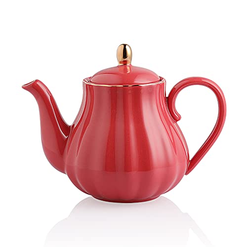 SWEEJAR Royal Teapot Ceramic Tea Pot with Removable Stainless Steel Infuser Blooming  Loose Leaf Teapot  28 Ounce(Watermelon Red)