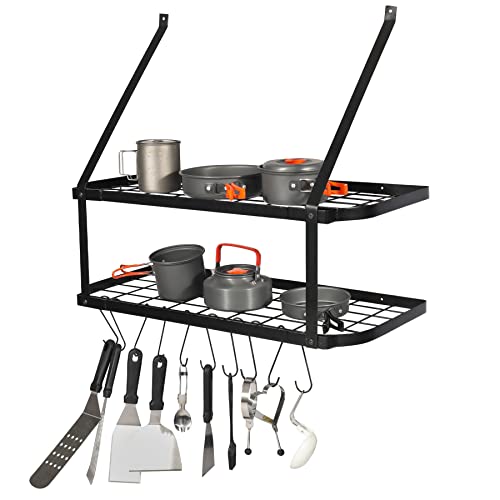 AKVOMBI Hanging Pot Rack Wall Mounted Pots and Pans Hanging Rack for Kitchen 2 Tier Wall Rack with 10 Hooks Black