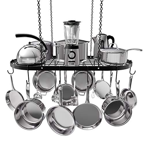 Vdomus Pot and Pan Ceiling Rack Mounted Cookware Storage Rack Hanging Pot and Pan Suspended Organizer with 15 Hooks (33 x 17 Inch) for Kitchen Organization
