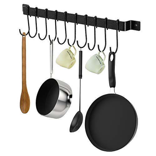 XChef Kitchen Rail with 10 S Hooks 17inch Utensil Rack Wall Mounted for Pot Pan Lid Spatula Kitchen Hooks for Utensils Black