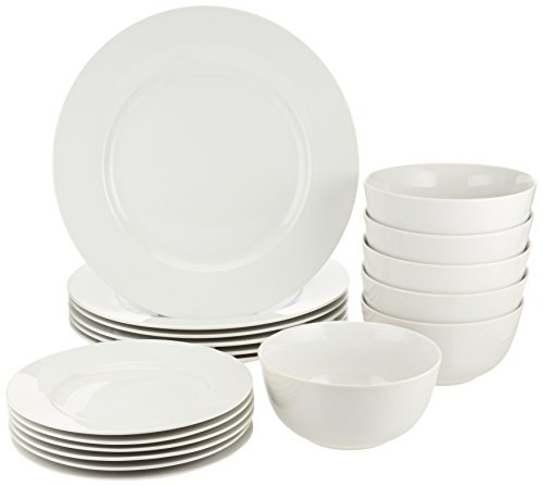 Amazon Basics 18Piece Kitchen Dinnerware Set Plates Dishes Bowls Service for 6  White