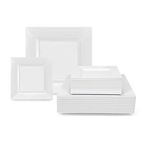 Suwimut 70 Pack White Square Plastic Plates Premium Heavy Duty White Plastic Plates White Disposable Plates for Wedding Party 35 Pieces 95 Inch Dinner Plates  35 Pieces 65 Inch Dessert Plates