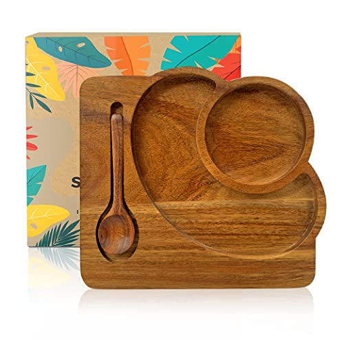 Small Wood Tray for Eating  Individual Acacia Wood Serving Tray  Natural Wooden Plate for Food  Drinks  Small Wooden Tray for Breakfast  Tea Coffee and Snacks  with Acacia Spoon
