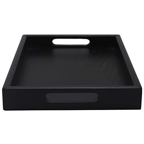 Solid Wood Serving Tray Rectangle with Handle Hole NonSlip Tea Coffee Snack Plate Food Meals Serving Tray with Raised Edges for Home Kitchen Restaurant(118x79x14 Black)