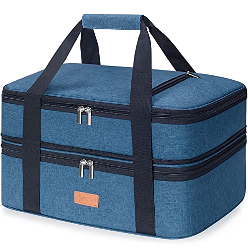 Poruary Double Casserole Carrier for Hot or Cold FoodExpandable Insulated BagPerfect Lasagna Holder Tote for Potlucks PicnicsBeachesTraveling or GiftsFits 9x13 Baking DishBlue