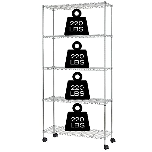 5Tier Shelving Unit Storage Shelves with Wheels Heavy Duty Metal Storage Rack NSF Height Adjustable for Laundry Bathroom Kitchen Garage Pantry Organization 60x30x14(Chrome)