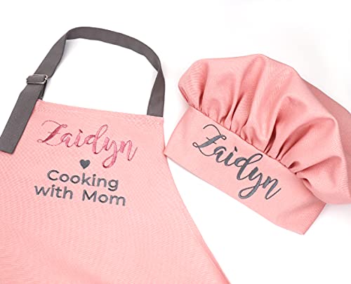 Personalized Kids Apron and Chef Hat Set Embroidered Name (01 pink)